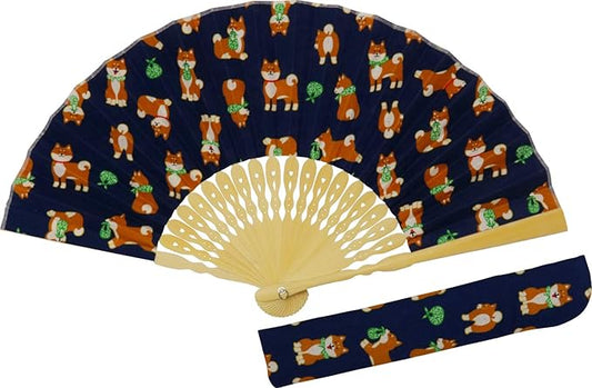 Shiba Inu Folding Fan with Case (Navy)